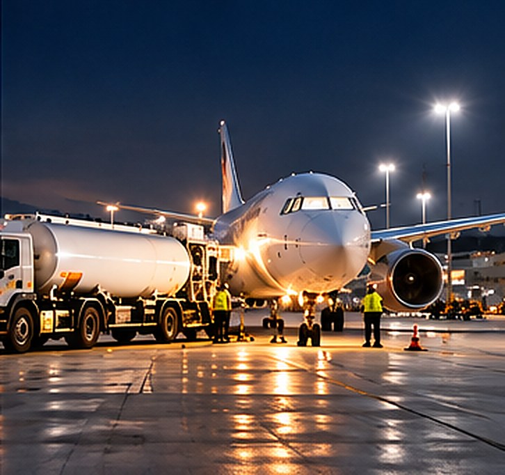 Aircraft refuelling operation at night with refuellers alongside an aircraft