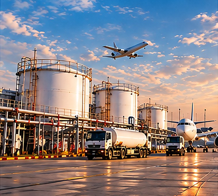 Aviation fuel storage tanks, refuellers and aircraft at an airport fuel facility